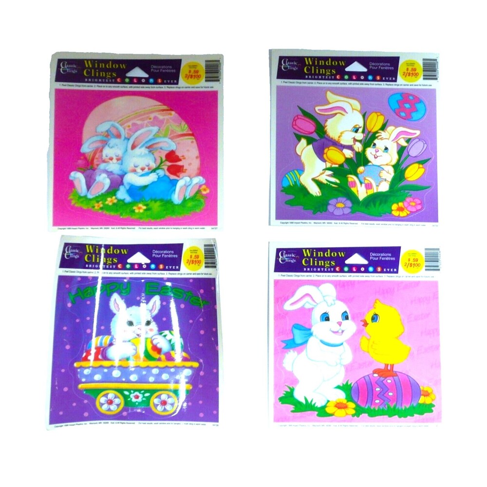 Set of 4 Happy Easter Window Clings Bunny Egg Chick Basket Kids Decoration VTG